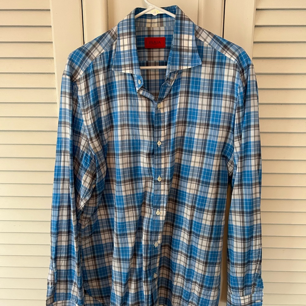 Isaia Blue and White Plaid Casual Shirt